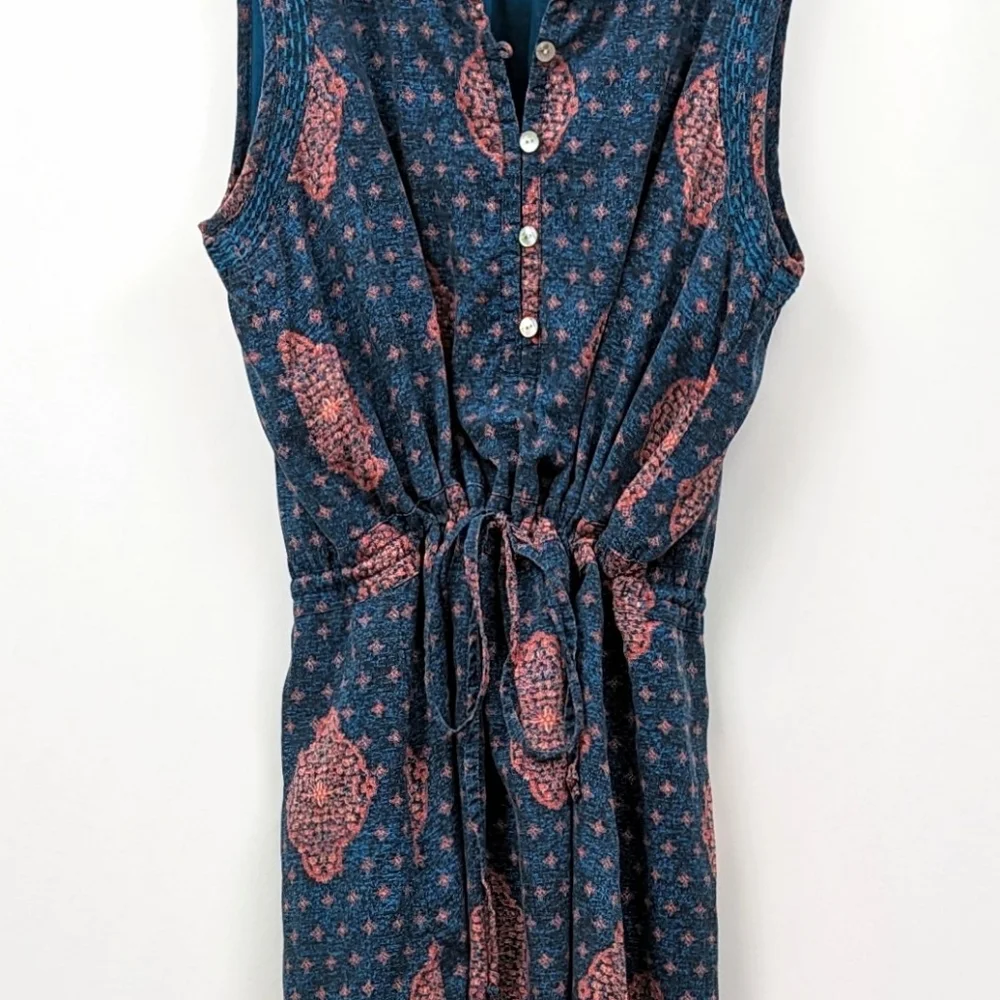 Lucky Brand Tank Dress Drawstring Waist Button Front Medallion Print Blue Pink S